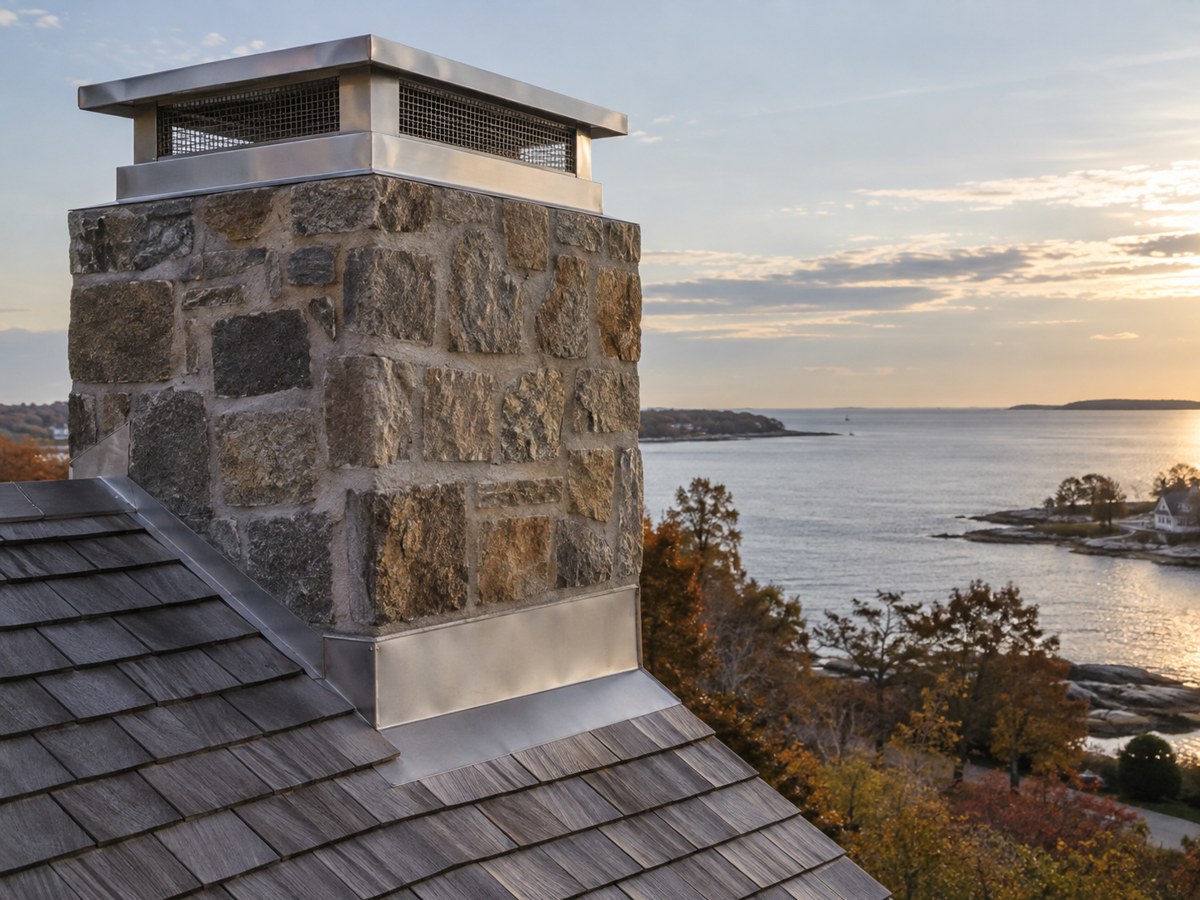 A cedar-shingle Cape house with a stainless-capped chimney against a gray sea sky